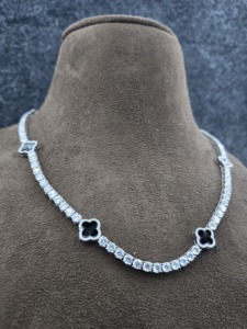 Women's 925 <b>Silver</b> Moissanite <b>Choker</b> Necklace Round Brilliant Cut Flower Design Rhodium Plated Classic Style Everyday Wear - Product Image 1