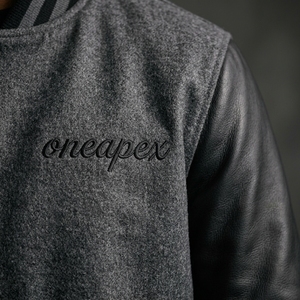 Men's Charcoal Wool <b>Jacket</b> Black Leather Sleeves Custom Logo Rib Knit Collar Cuffs Snap Front Luxury Streetwear Bomber Outerwear - Product Image 4