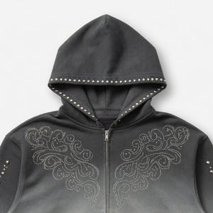 Sweat à capuche zippé unisexe en coton épais 400 g/m² délavé à l'acide, style streetwear, coupe ample, personnalisé avec strass - Product Image 4