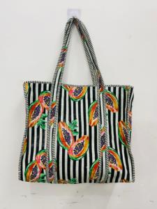 Hand Block Printed Quilted Cotton <b>Boho</b> Style Drawstring Closure Large Women Black White Stripe Tropical Fruit Shoulder <b>Bag</b> - Product Image 1