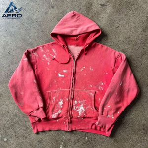 Custom <b>Mens</b> Vintage <b>Washed</b> Zip Up Hoodie Paint Splatter Distressed Sun Faded Thermal Lined Heavyweight Hooded - Product Image 6