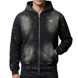 เสื้อฮู้ดผู้ชายแบบซิป แต่งคริสตัล ผ้าฝ้ายฟลีซ สไตล์สตรีทแวร์ สีดำ ผลิตเสื้อผ้าจำนวนมาก - Product Image 3