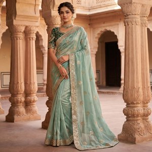 Fendy <b>Satin</b> <b>Saree</b> with Heavy Embroidery Sequins Border Premium Fully Stitched Embroidered Blouse Wedding Party Wear <b>Saree</b> - Product Image 4
