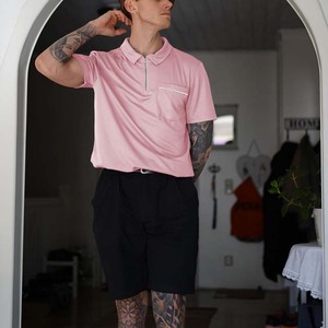 Men's Pink Short Sleeve Zipper <b>Collar</b> Polo <b>Shirt</b> Casual Knitted Solid Color Top - Product Image 4