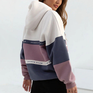 Sweat-shirt à capuche oversize pour femme, imprimé color block, en coton tricoté, épaules tombantes, vêtement décontracté d'automne - Product Image 2