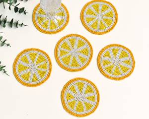 Handmade <b>Beaded</b> <b>Coaster</b> Mats Round Lemon Design Yellow White Bohemian Table Decor Polyester Cotton 300mm Diameter Set of 6 - Product Image 5