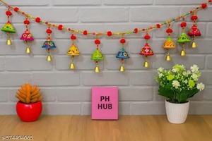 Handmade Wood <b>Elephant</b> Design Door Hanging <b>Decoration</b> with Pom-Pom and Golden Bells-Festive Indian Rajasthani Style - Product Image 2