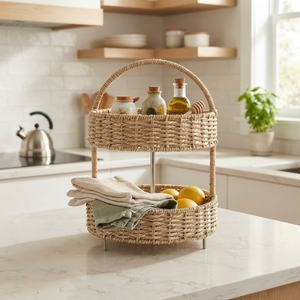 Porte-ustensiles de cuisine en rotin tressé à la main, panier de rangement en paille naturelle, organisateur de table rustique, artisanat balinais, outil de cuisine domestique - Product Image 4