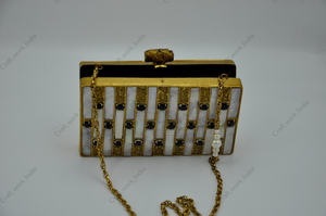 indian handmade Luxury Mother of Pearl <b>Clutch</b> <b>Bag</b> with <b>Black</b> Stone Inlay Handmade Brass <b>Evening</b> Handbag for Women - Product Image 3