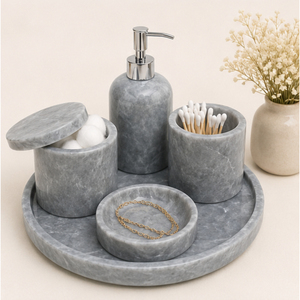 Ensemble d'accessoires de salle de bain en marbre gris naturel, 5 pièces, organisateur de vanité en pierre artisanal avec pompe en acier inoxydable pour hôtel - Product Image 4