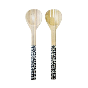 Ensemble de cuillères et fourchettes en bambou tressé avec incrustations de coquillages Capiz, artisanat vietnamien, pour la cuisine et les fêtes. - Product Image 4