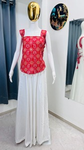 Women Traditional White Red Embroidered Crepe <b>Top</b> With White Palazzo Set Floral Pattern Casual Wear Spring Summer India Pakistan - Product Image 6