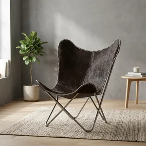 Handmade Genuine Leather Butterfly <b>Chair</b> Metal Legs Midcentury Modern Leisure <b>Chair</b> Living Room Furniture - Product Image 3