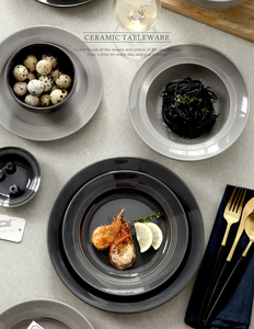 Service de table élégant en porcelaine noire avec bordure argentée, assiettes de service haut de gamme, bols décoratifs, tasses à thé élégantes - Product Image 2