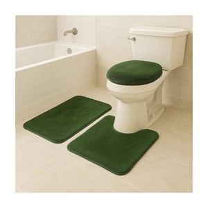 Green Chenille Bath <b>Mat</b> <b>Set</b> 3Pcs Rectangle Non-Slip Rubber Backing Classic Style Home <b>Bathroom</b> Rug - Product Image 4
