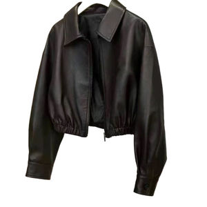 Veste en cuir souple noir pour femme, collection printemps-automne 2026, nouveau design de niche avec col boutonné, style motard, courte, haute qualité - Product Image 5