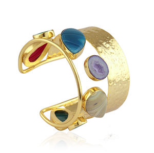 Trendy stalactite druzy agate <b>adjustable</b> <b>bracelet</b> 18K gold plated geode slice open bangle multi botswana wide cuff brass jewelry - Product Image 1