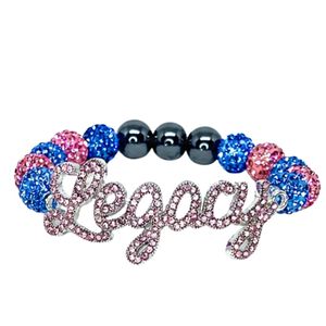Bracelet extensible perlé noir, rose et bleu roi avec breloque lettre en cristal et strass, accessoire de mode pour femme - Product Image 1