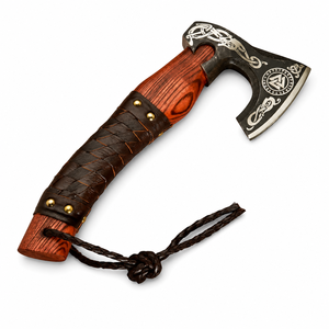 Hacha Tomahawk Hecha a Mano con Mango de Madera y Envoltura de Cuero, Hoja de Acero Forjado para Uso en Exteriores - Product Image 3