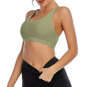 Women Seamless Sports <b>Bra</b> Scoop <b>Neck</b> <b>Halter</b> Strap High Support Yoga Workout Solid Color Olive Green Plus Size Four-Way Stretch - Product Image 5