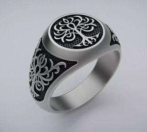 Luxury 925 Sterling Silver Tree Pattern <b>Ring</b> Black Enamel <b>Men</b>’s Bold Statement Signet Jewelry <b>for</b> Wholesale - Product Image 1