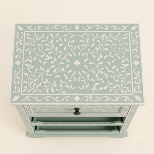 Mesa de Noche Artesanal con Incrustaciones de Hueso Verde Salvia, 1 Cajón y 2 Niveles de Estantes Abiertos, Mesa Auxiliar Floral para Dormitorio - Product Image 3