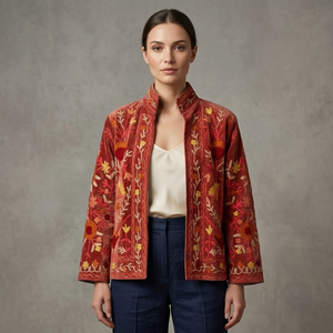Chaqueta de Invierno de Algodón Suzani Hecha a Mano en India, Chaqueta Corta Unisex Bordada a Mano con Cuello Alto - Product Image 1