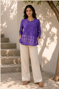 Kurti court en coton violet pour femme, col rond, manches trois quarts, brodé, coupe ample, haut ethnique décontracté, à porter au quotidien - Product Image 4