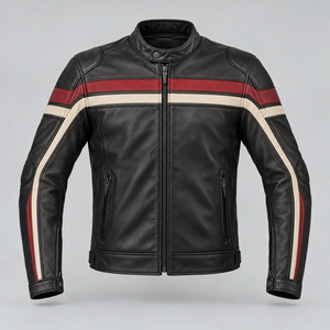 Chaqueta de Motociclista de Cuero Genuino Negro para Hombre, con Bloques de Color, Cuello Alto y Cremallera - Product Image 1