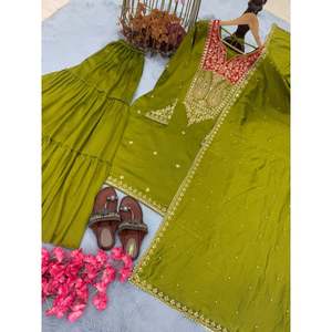 Conjunto de ropa de fiesta elegante para mujer de diseñador Sarara Plazzo Top & Dupatta para ocasiones especiales - Product Image 1