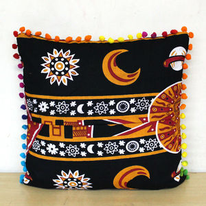 Ethnic Modern Square <b>Cushion</b> Cover 100% Cotton Burning Sun Home Decor <b>Set</b> of 4 Pcs Pouffe By Indian Consigners - Product Image 3