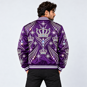 Chaqueta Varsity de Satén con Pedrería de Lujo, Elegante Chaqueta Bomber con Cristales y Estrellas, con Dobladillo Acanalado, para Moda Urbana y Fiestas - Product Image 4