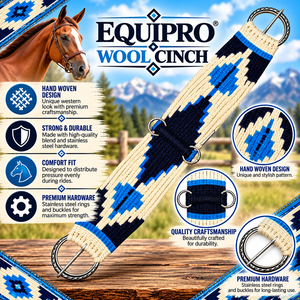 EQUIPRO - Cinturón de Cuerda de Lana y Cuero para Caballo, Azul, Negro, Blanco, con Anillos Metálicos Estampados, Diseño Ajustable - Product Image 2