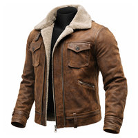 Herren Braune Leder-Aviatorjacke mit Lammfellkragen Reißverschluss Übergröße Winter Biker-Stil