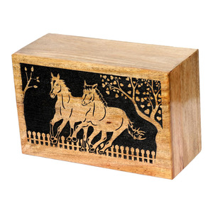 Urnes de crémation en bois pour cendres humaines Double cheval gravé principal fabricant adulte grande urne en bois de manguier fourniture de boîte funéraire - Product Image 3