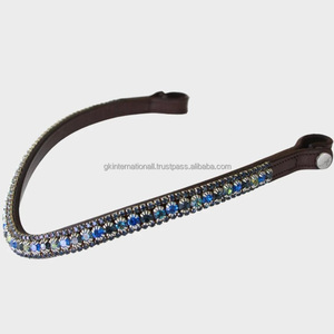 Handcrafted from Italian Leather Blue Branded Crystals <b>Shining</b> Diamante bling Wave Shape Leather horse brow band in full cob - Product Image 4