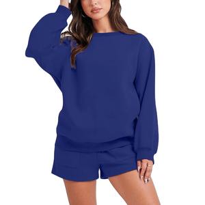 Conjunto de Sudadera de Felpa 100% Algodón de 2 Piezas para Mujer, Cuello Redondo, Estampado de Letras en Relieve, Pantalones Cortos Casuales de Secado Rápido, OEM - Product Image 4