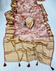 Sari traditionnel en tissu doux et lisse à motif floral, longueur 5,5 mètres, avec pièce de blouse non cousue, au prix de gros - Product Image 5