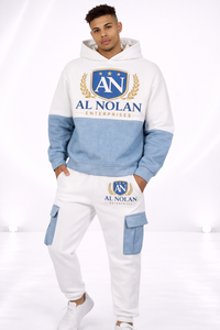 ชุดเสื้อฮู้ดและกางเกงจ็อกเกอร์บล็อกสีสำหรับผู้ชาย ชุดวอร์มโลโก้แบบกำหนดเอง ชุดสตรีทแวร์ ชุดกีฬาคาร์โก้ - Product Image 5