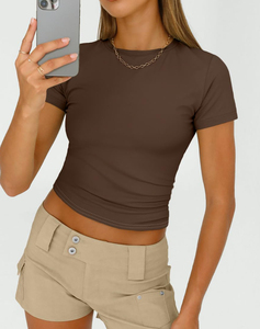 Camiseta de algodón lisa para mujer, suave, informal, transpirable, de manga corta, para verano, con logo personalizado, a la moda. - Product Image 3