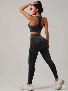 Women 2 Pcs Yoga Suit Racerback Sports Bra and High Waisted Linear Contour Leggings Seamless Gym <b>Workout</b> Fitness Outfit Set - Product Image 2