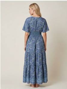 Robe longue bohème col en V manches courtes imprimé cachemire taille élastique coupe trapèze ample décontractée été vintage respirante 100% soie - Product Image 4