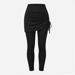 High Waist Ruched Yoga <b>Skirt</b> Set With Self-Tie Detail Solid Black Seamless Active Stretch Leggings For Women - Product Image 1