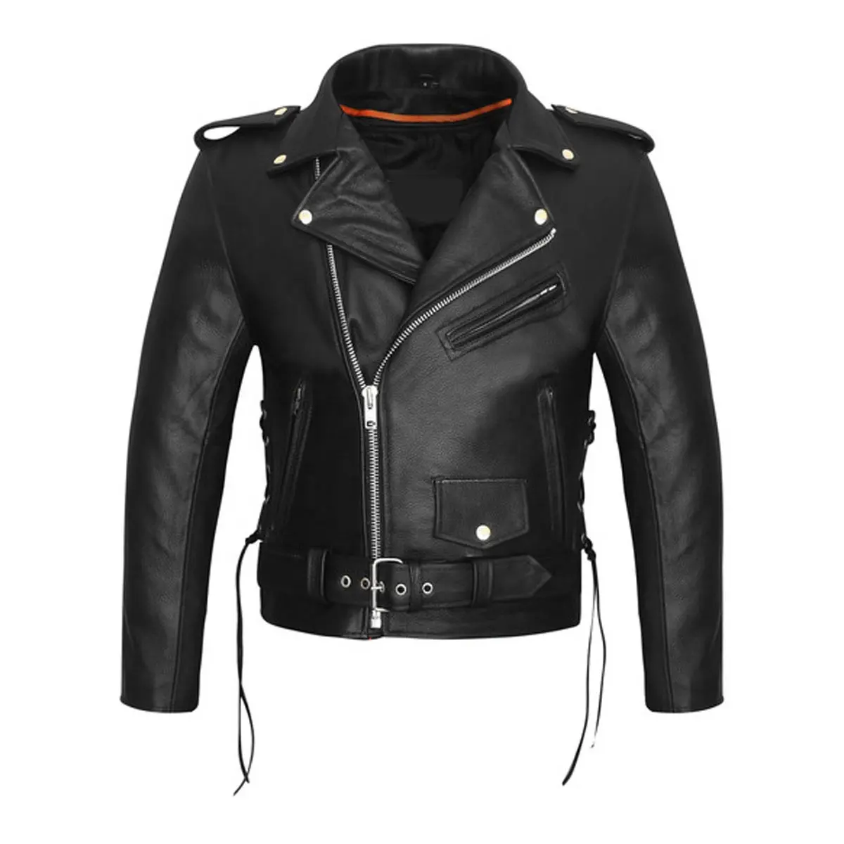 Jaqueta de couro preto para motocicleta estilo clássico premium masculina, com renda lateral e forro acolchoado removível