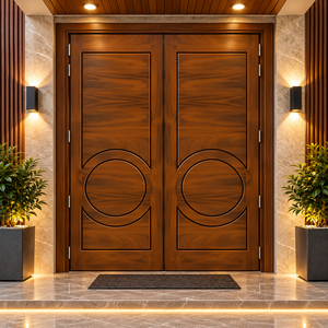 Puerta de Entrada Doble de Madera Sólida Contemporánea GA-41L, Diseño Escandinavo con Ranuras Circulares para Villa de Lujo - Product Image 1