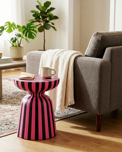 Table d'appoint moderne en métal rose et noir à rayures, tabouret d'appoint en alliage, table basse tendance pour salon, meubles personnalisables en gros - Product Image 3