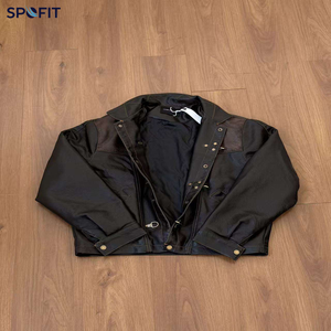 Brown Leather <b>Jacket</b> Moto Biker Style Stand Collar <b>Short</b> Length Regular <b>Sleeve</b> Solid Color Button Closure Autumn Wear - Product Image 4