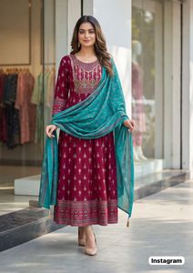 Designer Printed And Embroidery Work Anarkali Gown <b>Kurti</b> With Chanderi Dupatta Ready To Wear Set - Product Image 1