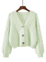 Damen Weiße V-Ausschnitt Strickjacke mit Langen Puffärmeln, Lässiger Einfarbiger Knopfverschluss-Pullover für den Herbst aus Polyester/Baumwolle