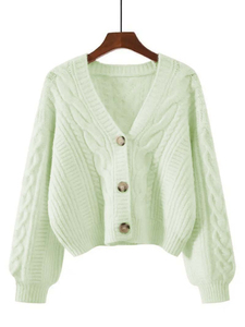 Cárdigan de Punto Blanco con Cuello en V para Mujer, Manga Larga Abullonada, Color Sólido, Cierre de Botones, Suéter Informal para Otoño - Product Image 3
